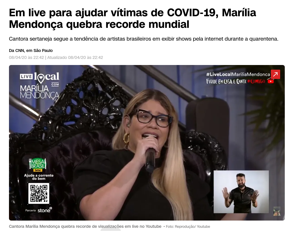 Print da Matéria da CNN relatando a então live recordista