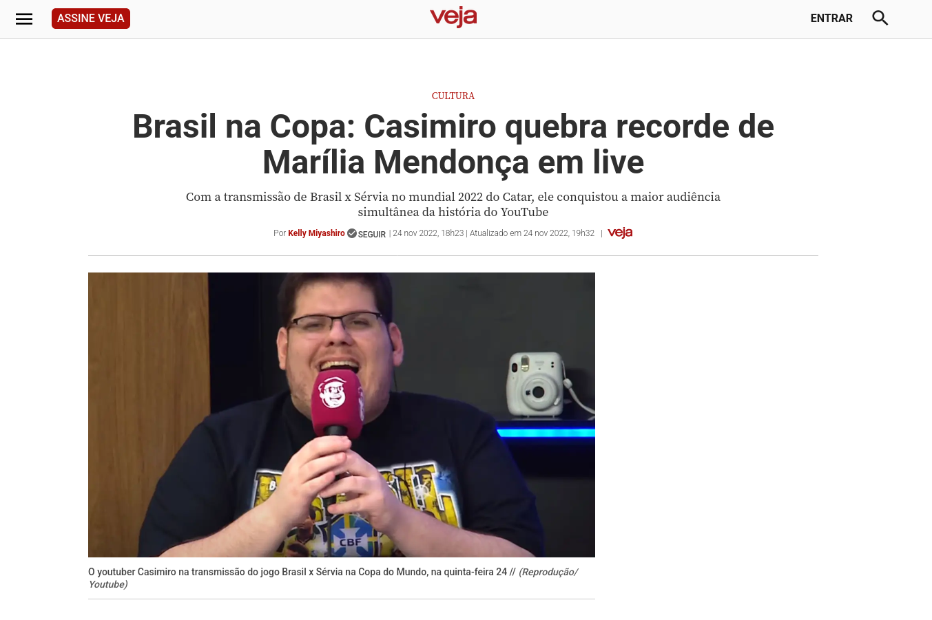 Matéria da Veja relatando o primeiro recorde de Casemiro Miguel obtido no Youtube